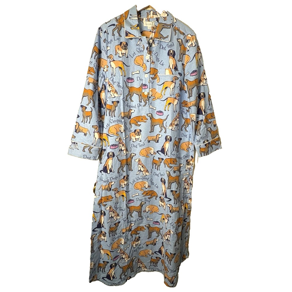 PAJAMAGRAM Dog Tired Nightgown Women's S Blue‎ Flannel Pajama Long Sleeve NWT